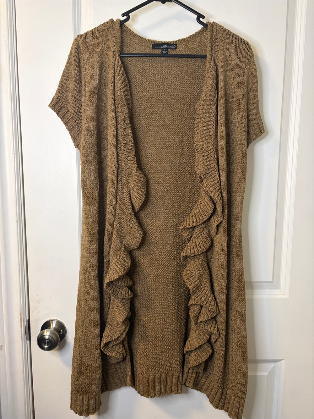 Willi Smith Tan Ruffle-Front Short-Sleeve Open Cardigan